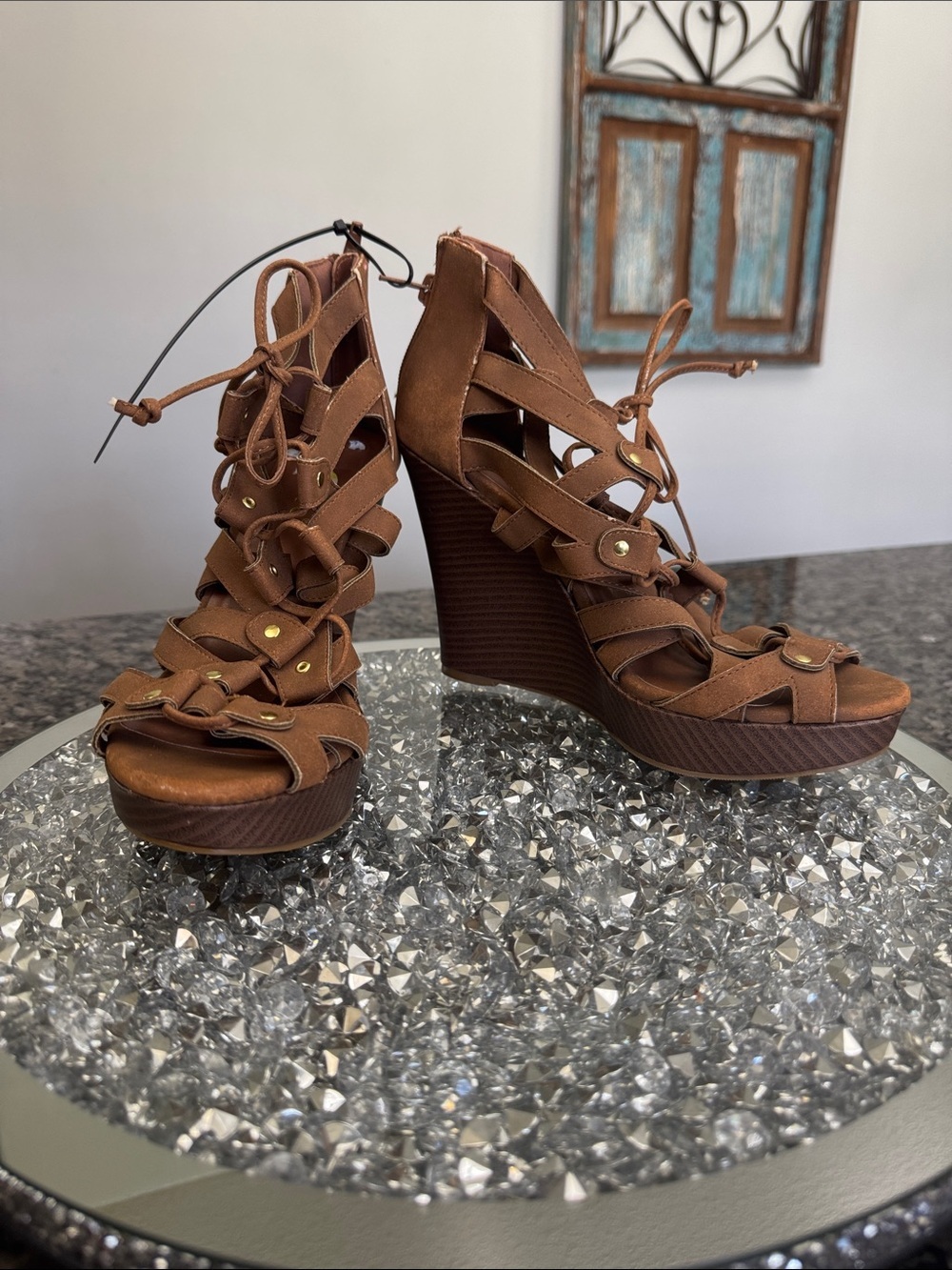 Dollhouse Brown Lace-Up Strappy Wedge Sandals NWOT 9